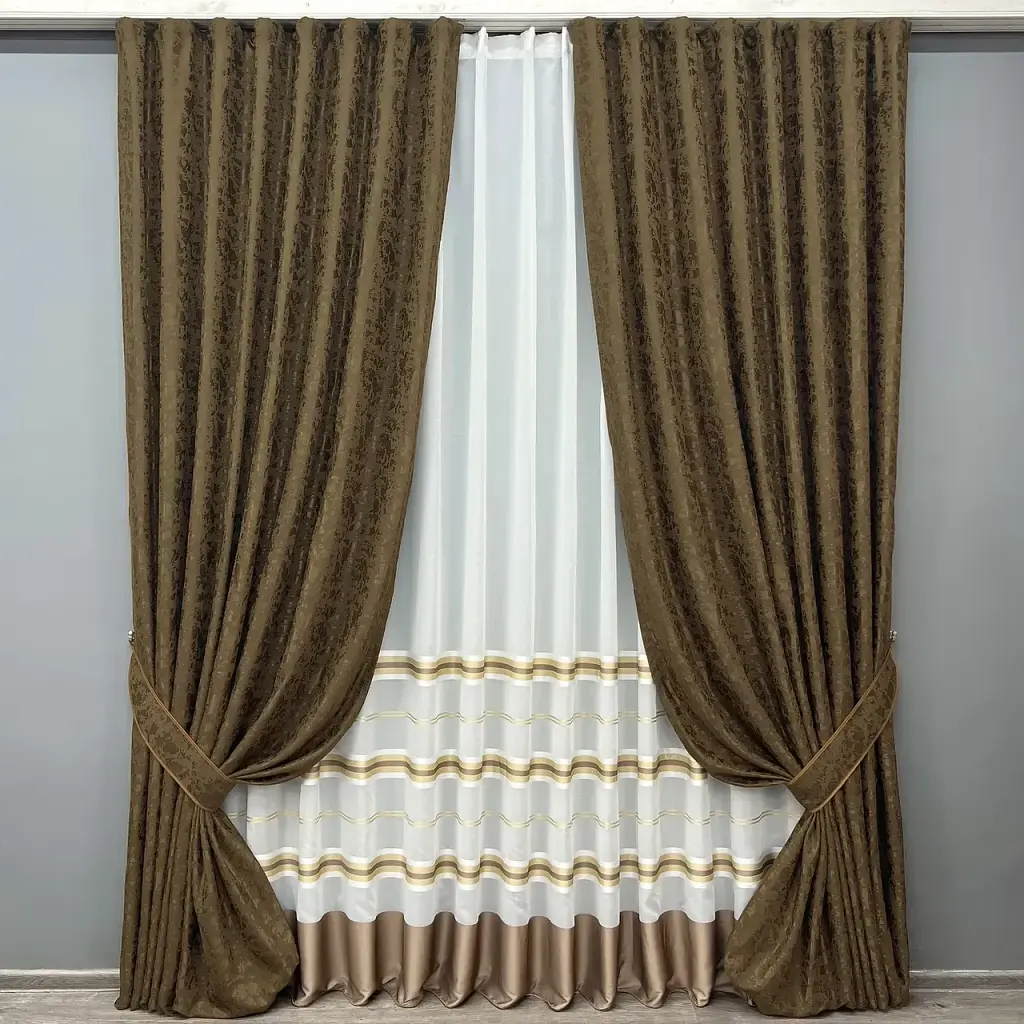 Комплект штор с тюлем VR-Textil Лен Мрамор, коричневый с молочным, 2 шторы 100×270 см + тюль 300×270 см, арт. 71-161/1