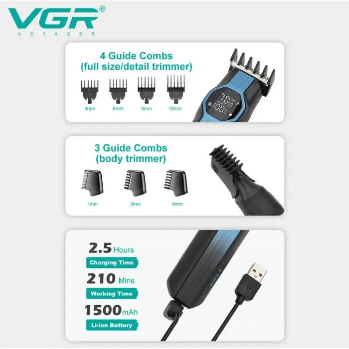 Машинка для стрижки волос USB V-173 / Аккумуляторный триммер для стрижки / Машинка для волос Синий - фото 3