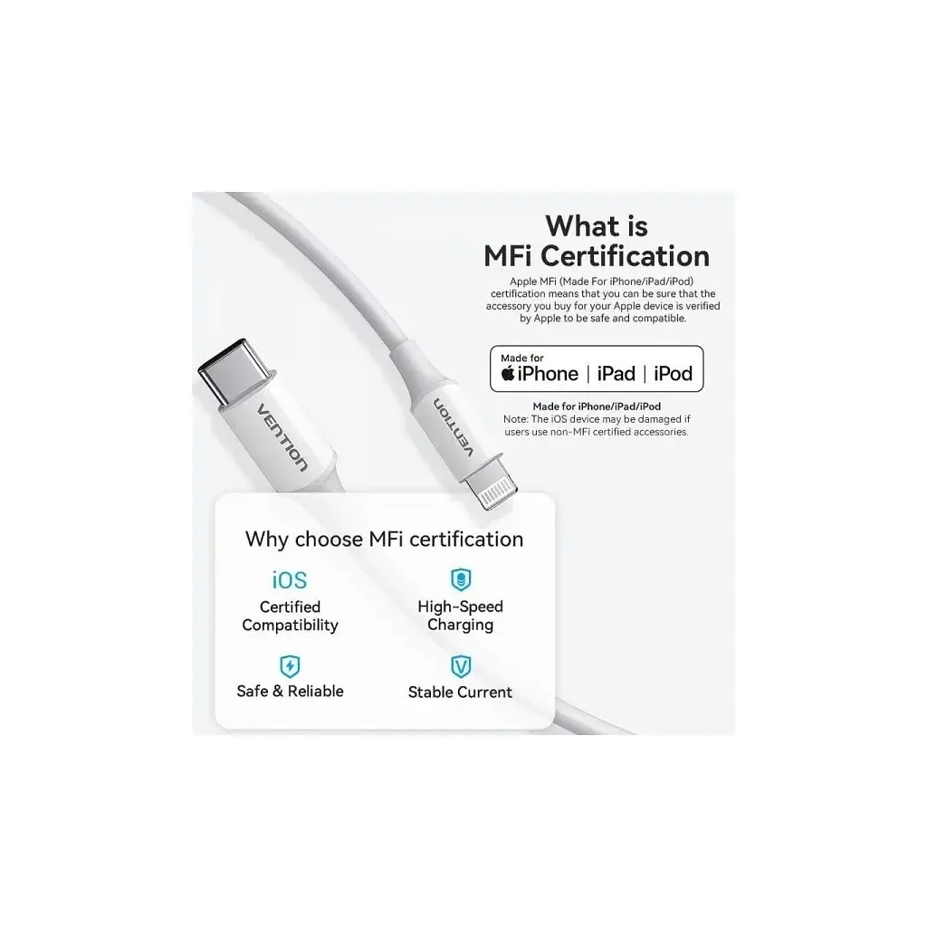 Дата кабель USB-C to Lightning 1.0m 3A white Vention (LAKWF) - фото 3