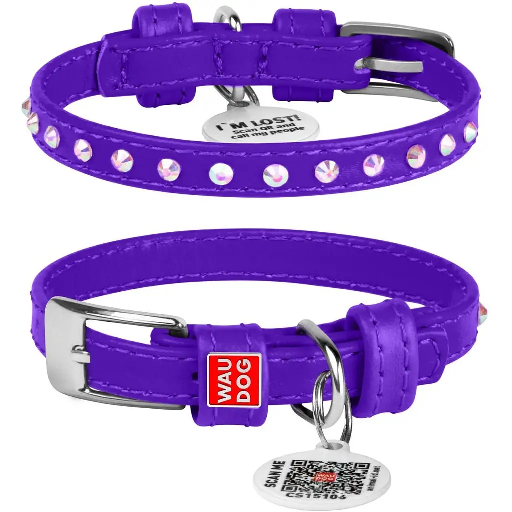 Ошейник для собак Waudog Glamour, кожаный, со стразами, с QR паспортом, XS, 19-25х0,9 см, фиолетовый - фото 3