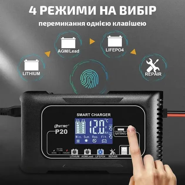 Автоматичний зарядний пристрій HTRC P20 Імпульсний, функція ремонту Repair, десульфатор 12V 20A-24V 10A LiFePO4, AGM, GEL (19524) - фото 11