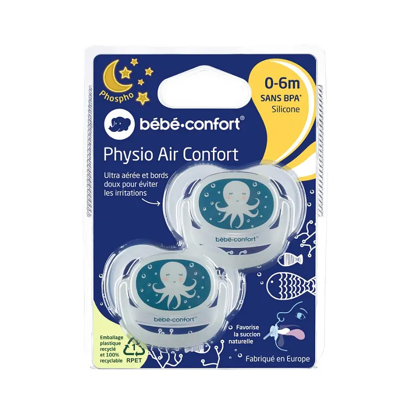Пустушка силіконова Bebe Confort Physio Air Dummy Phospho Bblue Octopus, анатомічна, 0-6 міс., 2 шт., синя (3104201940) - фото 4