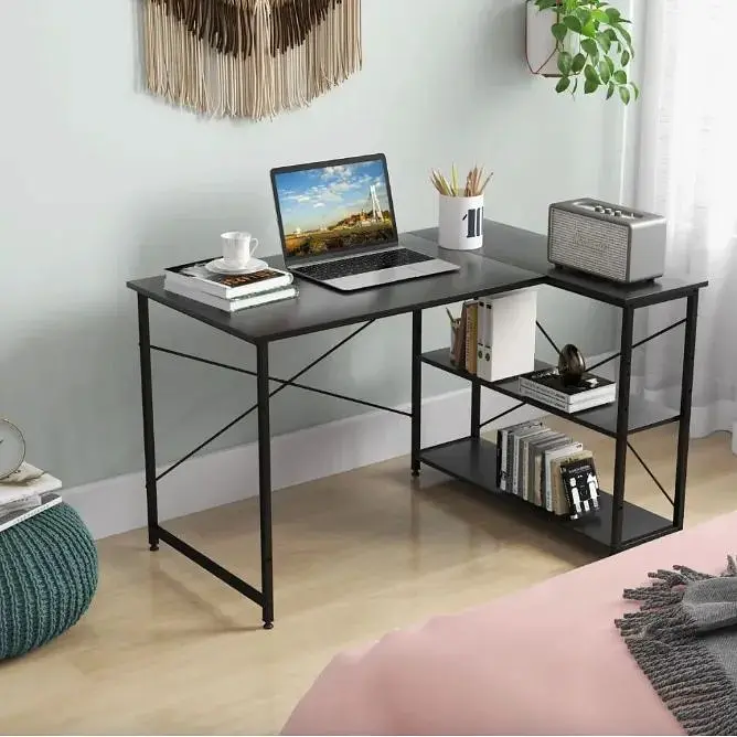 Компьютерный стол Costway Adler L-образный с полками в стиле Loft черный - фото 2