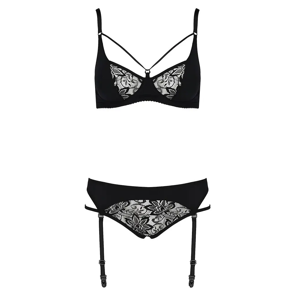 Комплект білизни Passion PAULINE SET L/XL, black, стрепи, ліф, стрінги і пояс для панчох - фото 5
