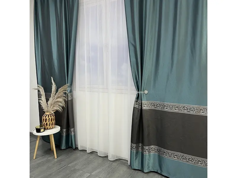Жакардові штори бірюзового кольору 2шт. 140х270 з білим шифоновим тюлем 400х270, на тасьмі ALBO pbe0052685 - фото 4