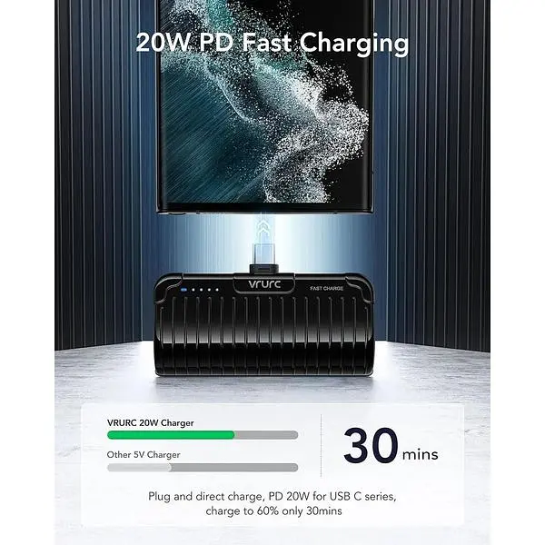 Портативное зарядное устройство Vrurc USB C для iPhone 15 5000 mAh Mini быстрая зарядка PD 20W Compact Charging Bank - фото 5