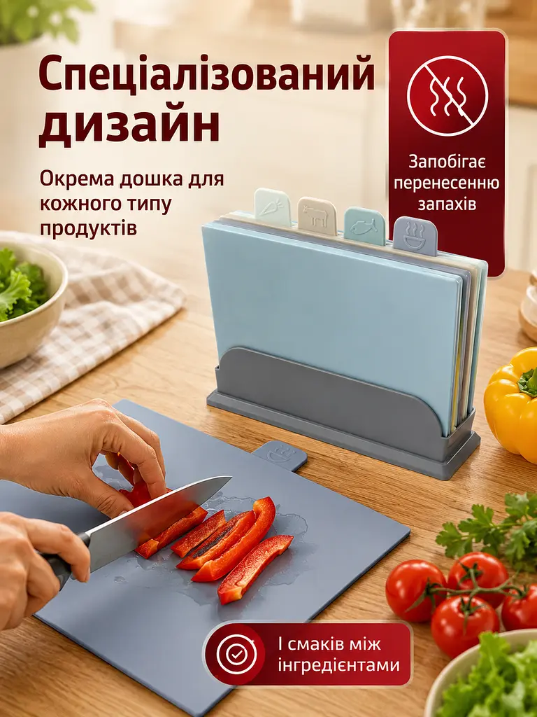 Набір кухонних дощок із підставкою для різних видів продуктів, 30х20 см, 4 шт (26276275) - фото 4