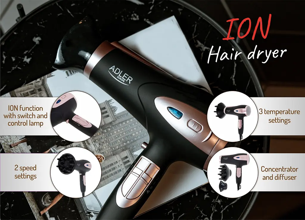 Фен Adler AD 2248 black 2200Вт/ 2 скорости/ холодный обдув/ темп.режимов-3/ ионизация/ насадки - 2 шт. - фото 8