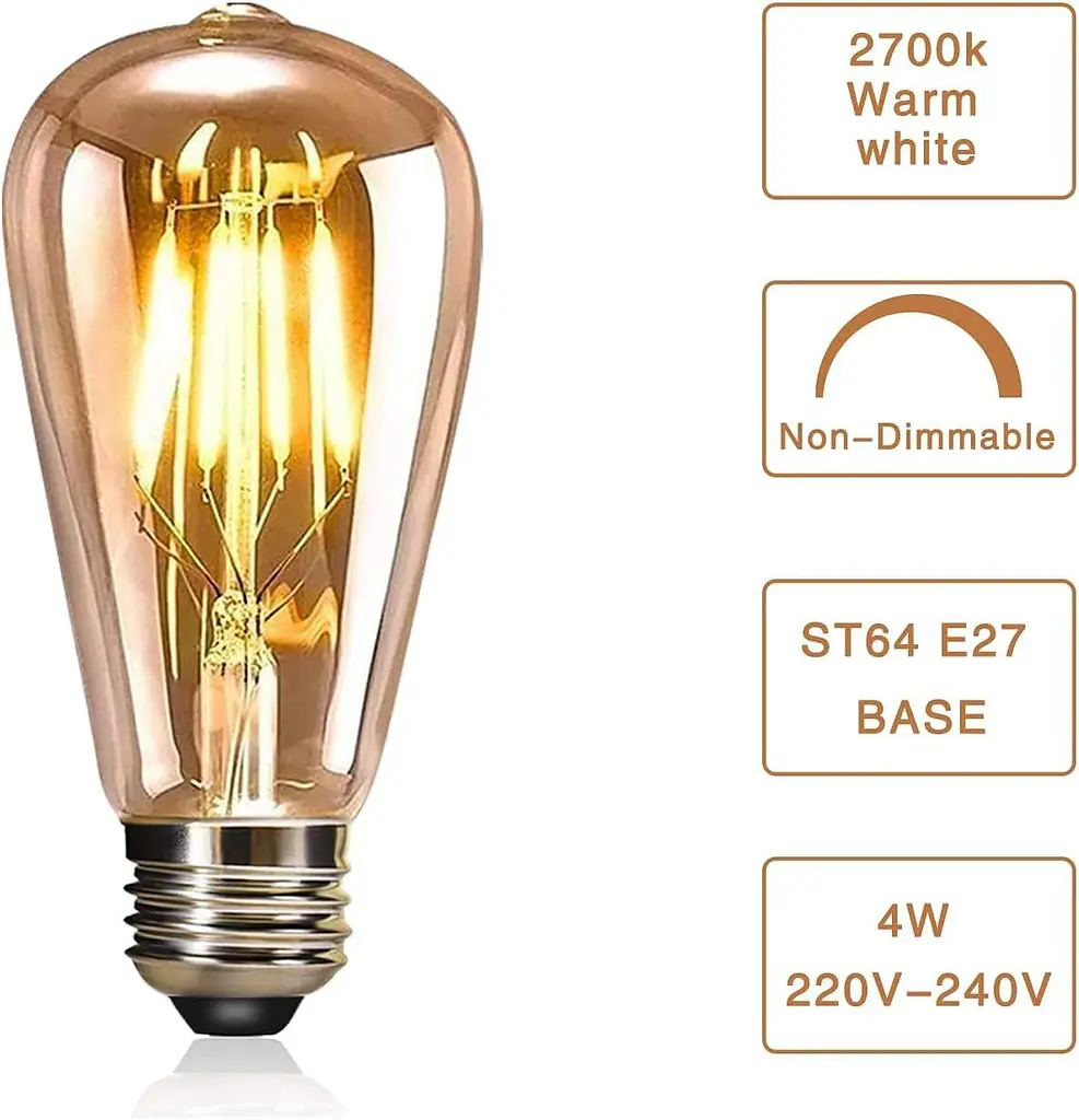 Светодиодная лампа YOUDIAN Edison, винтажная лампочка, светодиодные лампы 4W E27 2700K ST64, светодиодные лампы из нитей - фото 3