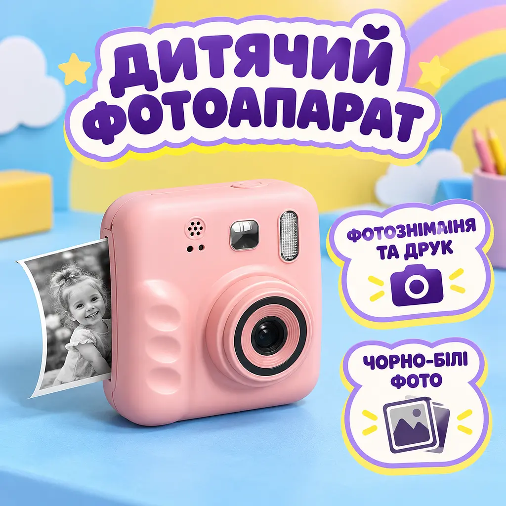 Детский фотоаппарат Camera с моментальной печатью черно-белых фото и экраном розовый (52836223) - фото 2