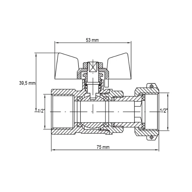 Кран кульовий Koer KR.222 - 1/2" FF ГГМ з накидною гайкою, ручка "метелик" червона KR4769 - фото 2