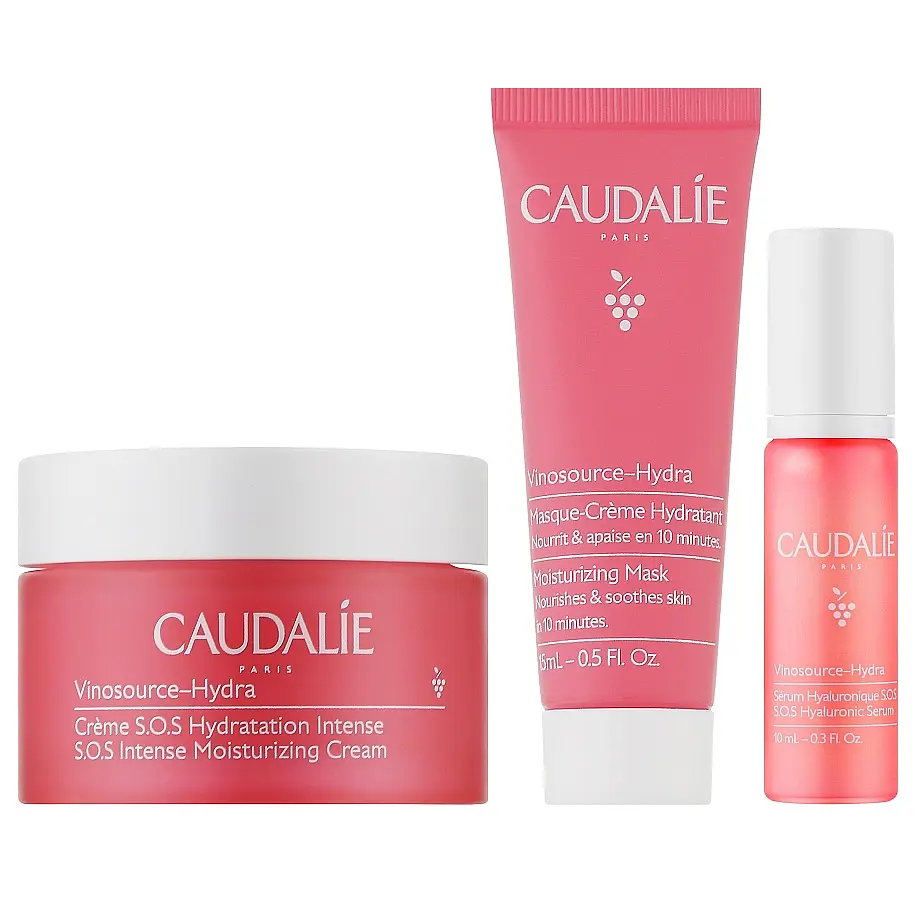 Набор Caudalie Vinosource-Hydra Crème S.O.S: Интенсивный увлажняющий крем Vinosource S.O.S, 50 мл + Маска для лица и глаз Vinosource S.O.S, интенсивное увлажнение, 15 мл + Увлажняющая сыворотка Vinosource S.O.S, 10 мл (2807-2) - фото 2