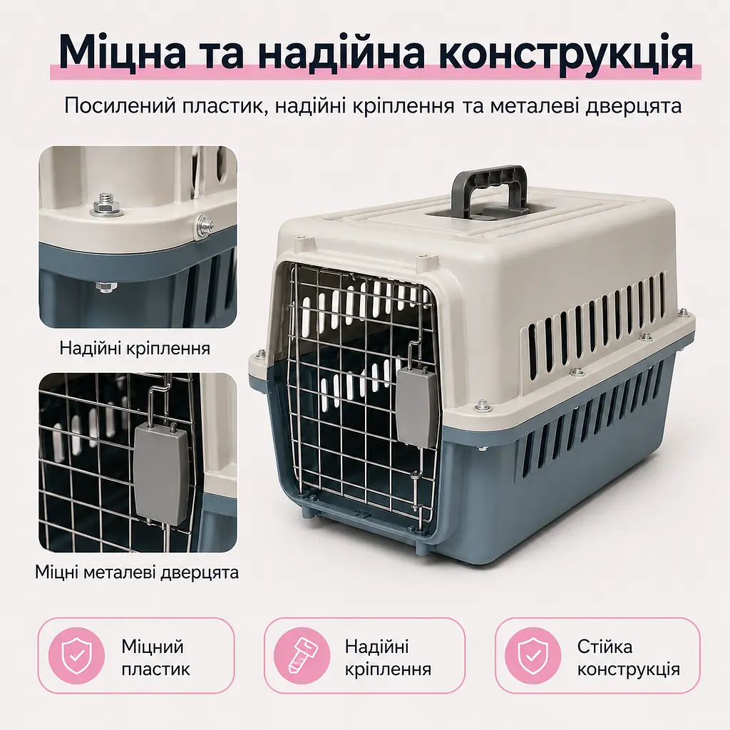 Переноска для котів і собак до 12 кг 48×32×30 - вентильована з комплектом (підвісна миска тавнутрішнім вкладишем) KT8002012 - фото 9