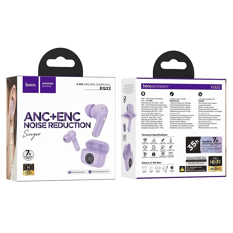 Беспроводные наушники Hoco EQ22 Singer true wireless ANC+ENC noise reduction BT headset, BT5.4, 40mAh, 400mAh, 6-7h, purple - фото 2