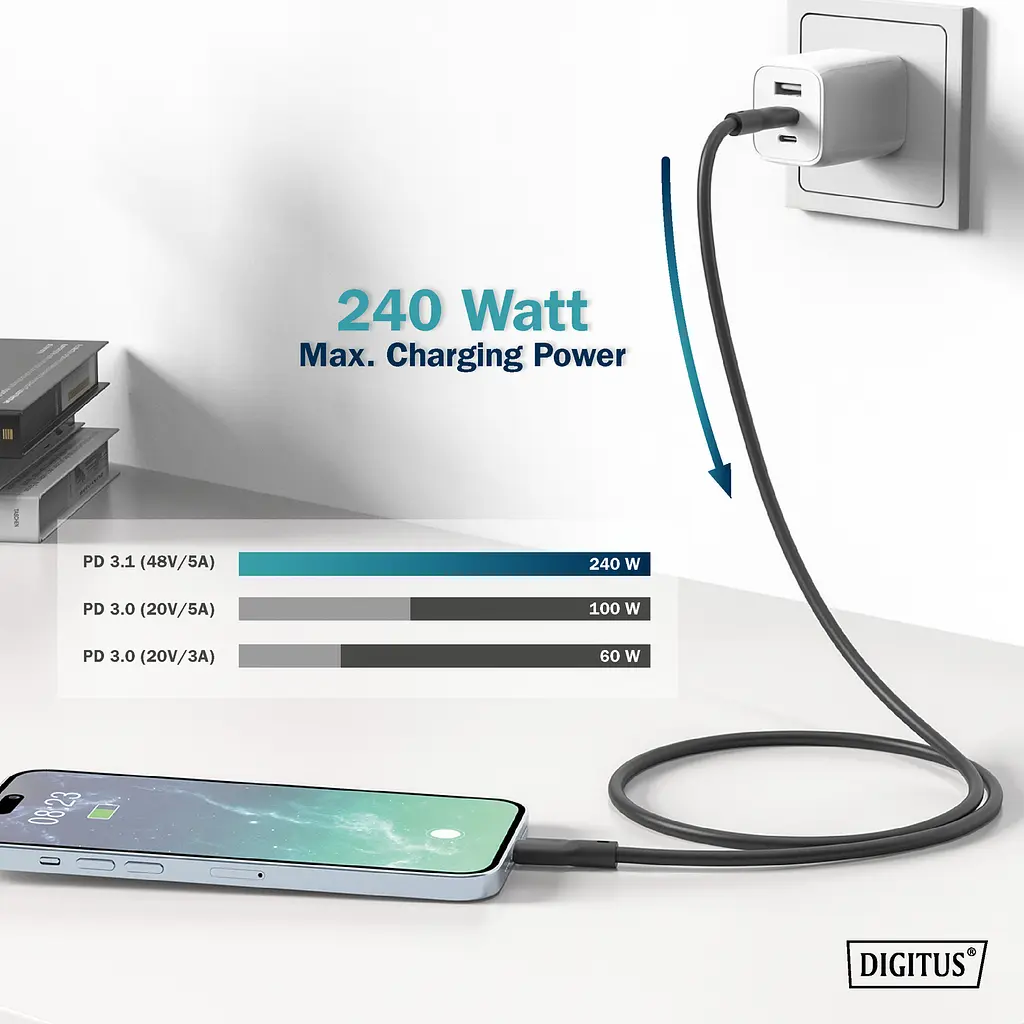 Кабель Digitus USB-C зарядка/синхронизации, USB 4.0 Gen 3, 40G, 240W, 8K, силиконовый, 1м, черный teh0013701 - фото 5