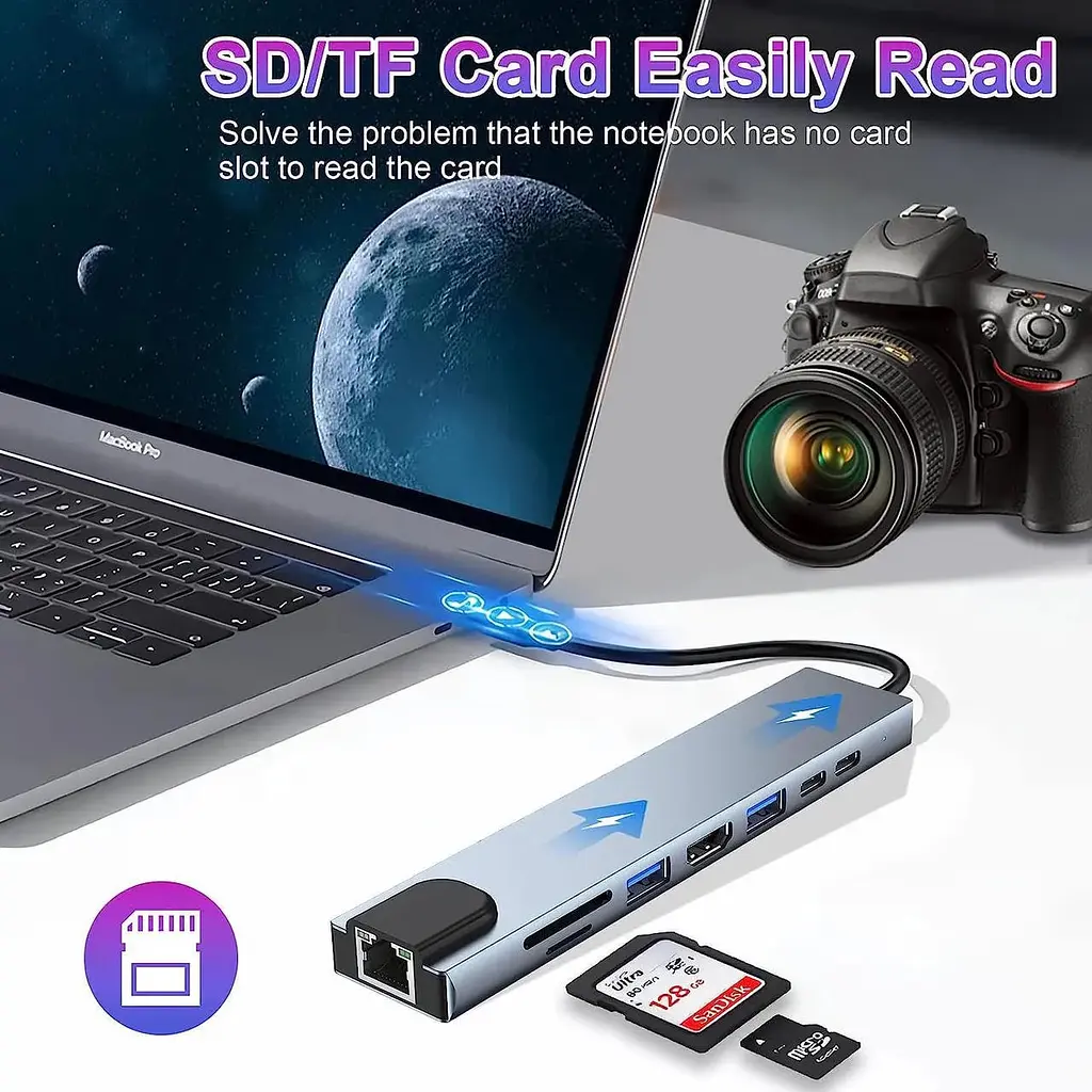 Хаб USB типа C HUB 8 in 1 PD100W 4K 30 Гц RJ45 USB 3.0 10 Гб/с - фото 9