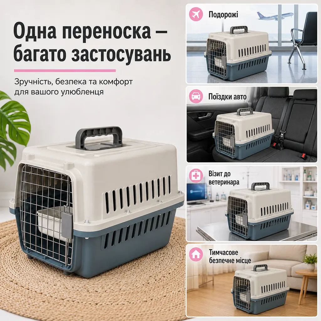 Переноска для котів і собак до 12 кг 48×32×30 - вентильована з комплектом (підвісна миска та пластикова підлога) KT8002002 - фото 8