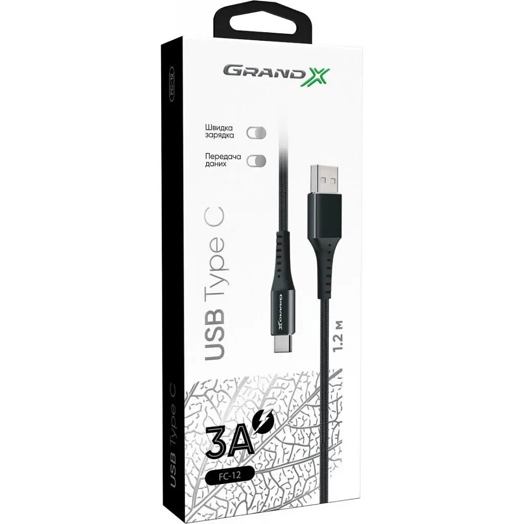 Дата кабель USB 2.0 AM to USB-C 1.2m Black Grand-X (FC-12B) - фото 4