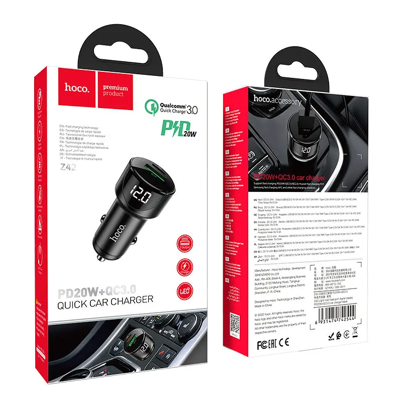 АЗП Hoco Z42 Light road dual port digital display PD20W + QC3.0 car charger Black - фото 3