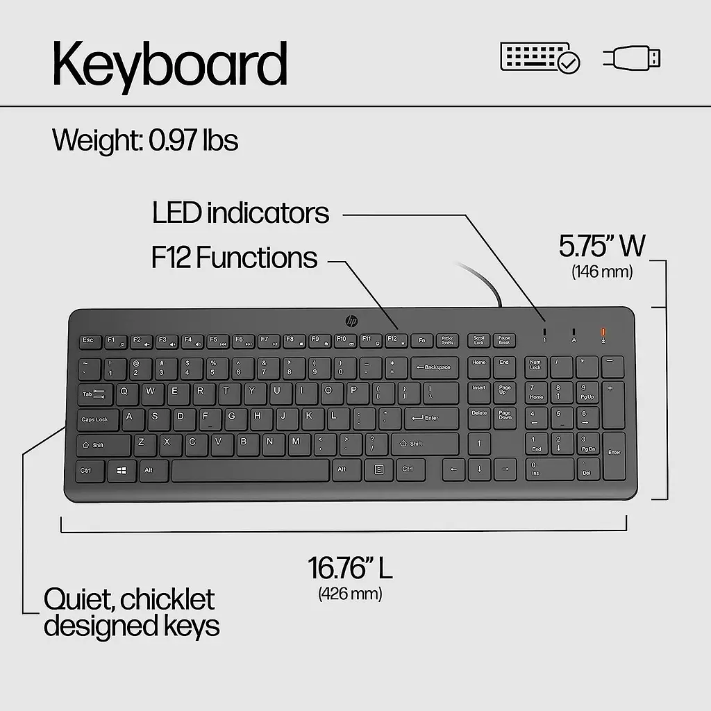Клавіатура мембранна 150, 104key, USB-A, EN/RU, чорний HP teh0013844 - фото 8