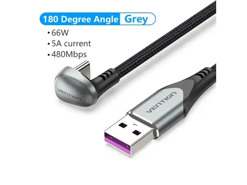 Кабель USB Type-C Vention TPE Nylon U-Shaped 180° PD 66W 5A 480Mbps nickel-plated 1.5 m Grey (COHHG) - фото 9