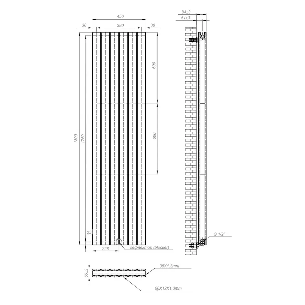 Вертикальний радіатор Navin Largo Double 456х1800-6, anticor, чорний муар 10-012033-4880, Чорний матовий - фото 6