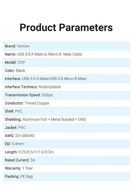 Кабель Vention 0.25м USB 3.0 - Micro USB Type-B 5 Гбіт/с 5V/3A USB 3.0 A на Micro-B для Жорских Дисків Чорний (COPBC) - фото 8