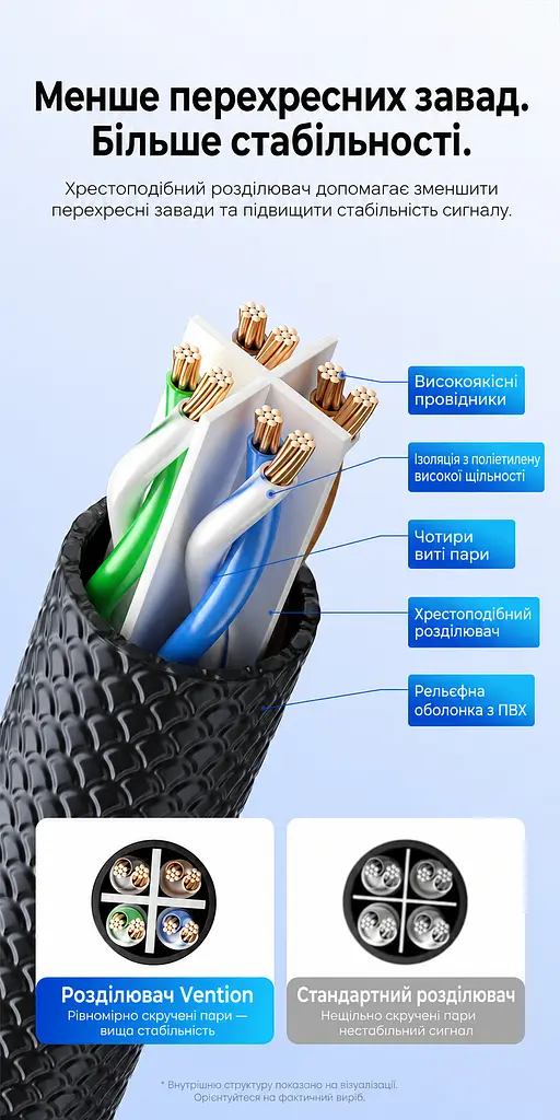 Мережевий патч-корд Ethernet Vention 8 м LAN-кабель Cat6A UTP до 10 Гбіт/с штекери RJ45 8P8C з обох кінців хрестоподібний розділювач пар для зменшення перехресних перешкод текстурована гнучка PVC-оболонка гнучкі язички фіксації для зручного від’єднання чорний із напівпрозорими синіми корпусами конекторів (ISCBK) - фото 4