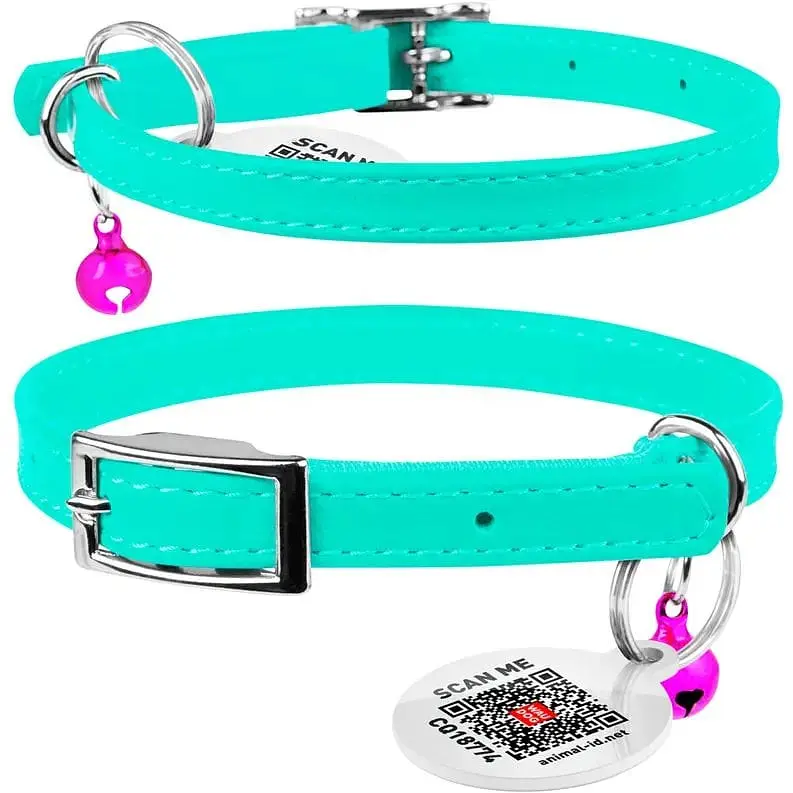 Ошейник для кошек Waudog Glamour кожаный с эластичной вставкой и QR паспортом 17-20х0.9 см ментоловый - фото 3