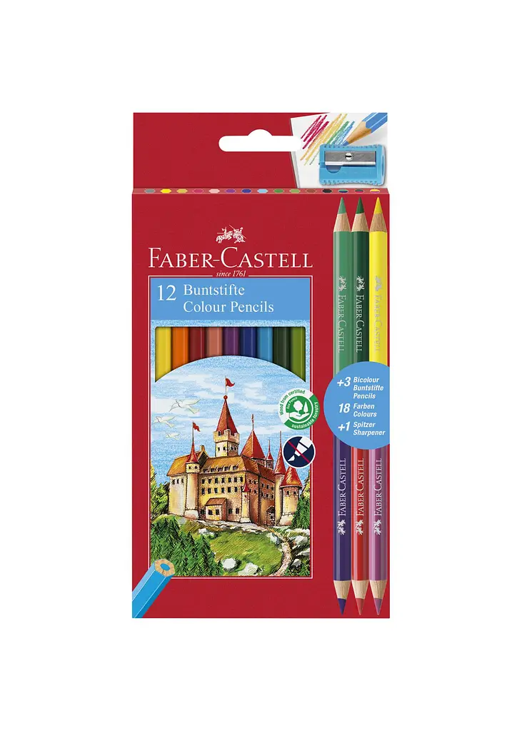 Набір олівців 12 кол. FABER CASTELL Замок + 3 двокольорові + стругачка (110312)