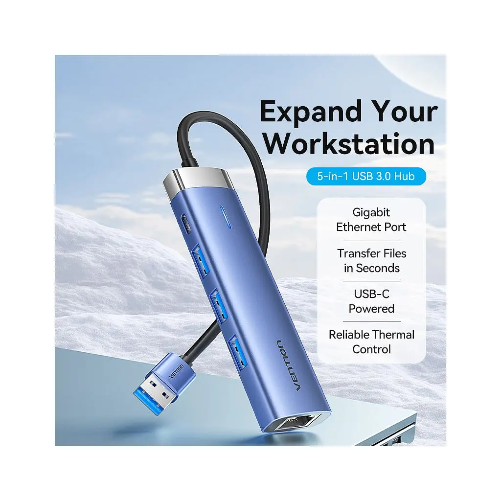 Концентратор Vention USB 3.0 to USB 3.0x3/RJ45/Type-C Hub Blue Aluminum Alloy 5-in-1 (TGFSB) - фото 2