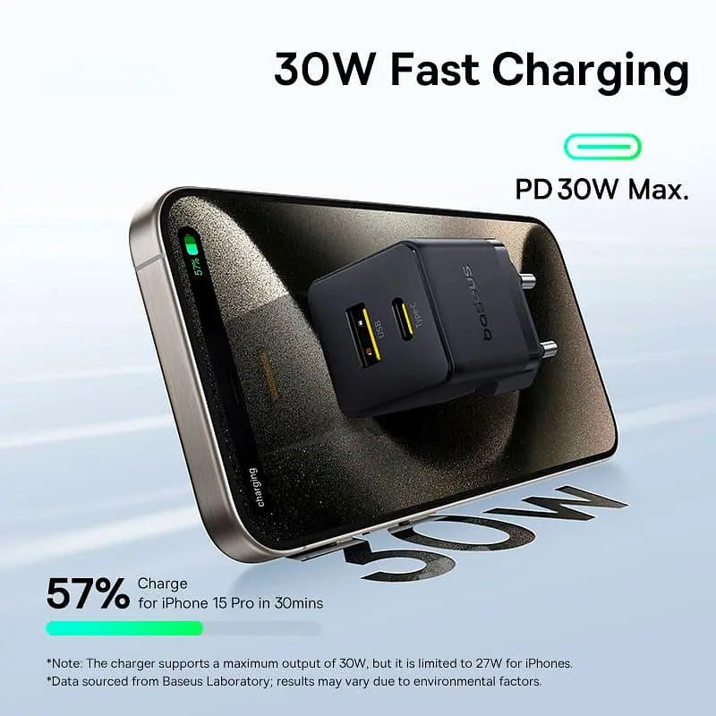 Зарядний пристрій Baseus Palm Fast Charger C+U 30W EU Cluster Black (with Mini White Cable USB-C to USB-C 60W (20V/3A) 1m) (P1011160A113-01) - фото 7