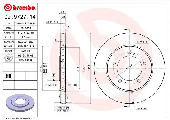 Диск гальмівний передній вентильований Suzuki Grand Vitara I-II 98-25р Brembo (09.9727.14) - фото 2