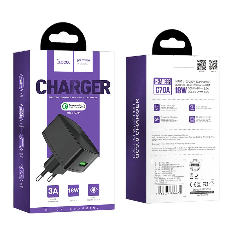 Блок зарядний Адаптер мережевий Hoco C70A Cutting-edge 1USB QC3.0 3A чорний - фото 5