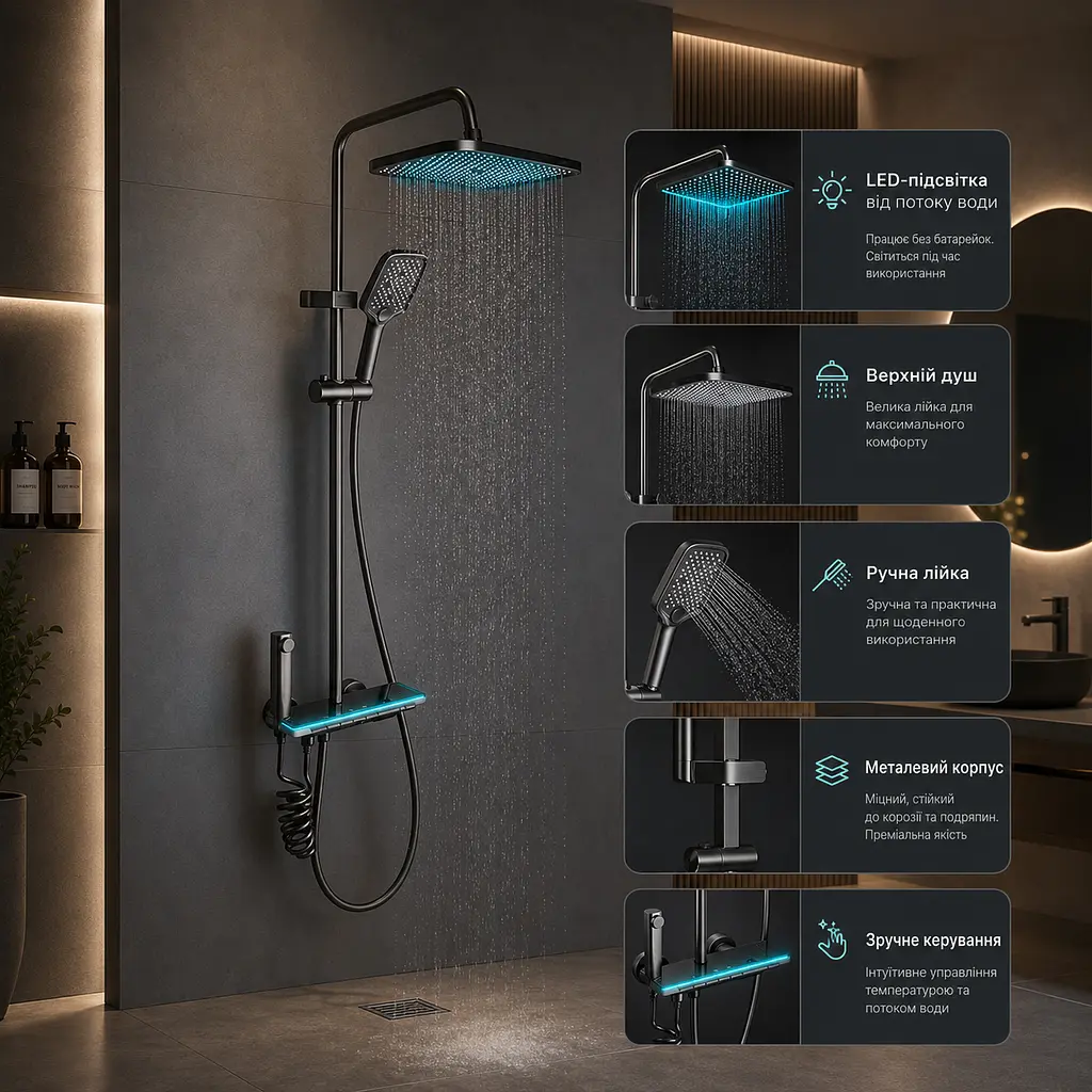 Душ / змішувач Faucet (CRH-8921 багатофункціональний з LED ГІДРОЕНЕРГЕТИКОЮ метал / Душова система з верхнім та ручним душем / Душова система для ванни - фото 4