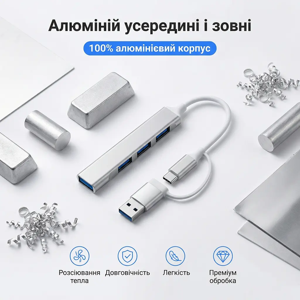 Алюмінієвий USB-хаб 4 порти 1×USB 3.0 + 3×USB 2.0 з підключенням Type-A і Type-C - фото 8