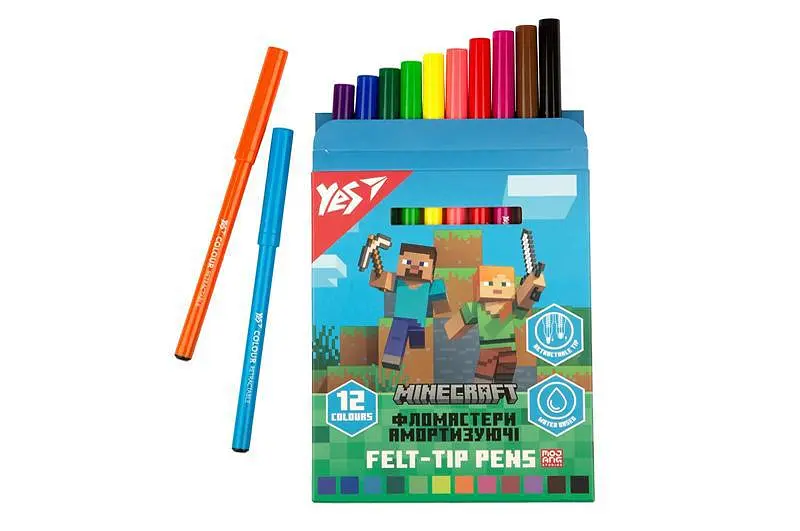 Набір фломастерів Minecraft YES 12 кольорів з наконечником, що амортизує, для дітей 3+ (650582)
