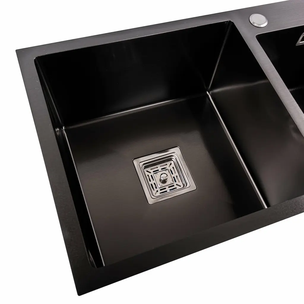 Кухонная мойка Platinum Handmade PVD HDB черная 780x430x230 на две чаши (квадратный сифон, 3.0/1.0), Черный - фото 2