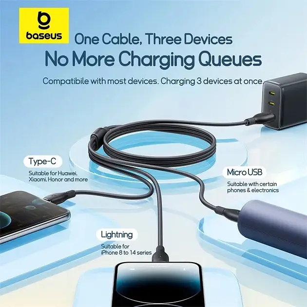 Кабель Baseus Ultra-Fast 3in1 Fast Charging Cable USB для MicroUSB+Lightning+Type-C 3.5A 0.8m P10376303121-01 Black - фото 6