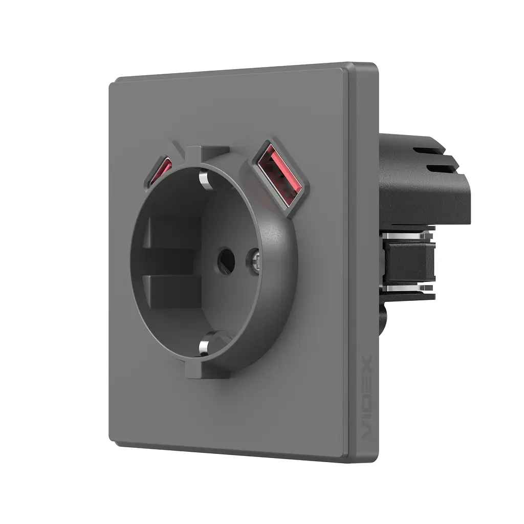 Розетка одинарна із заземленням USB-A+C 20W сірий графіт VIDEX NOTA (VF-NT-SK1GUC-GR) VIDEX (28883-000)