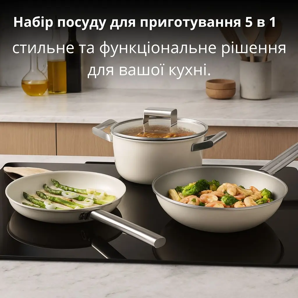 Набір посуду для приготування 5 в 1, вок сковорода 30 см з кришкою, каструля 24 см з кришкою, сковорода 24 см - фото 6