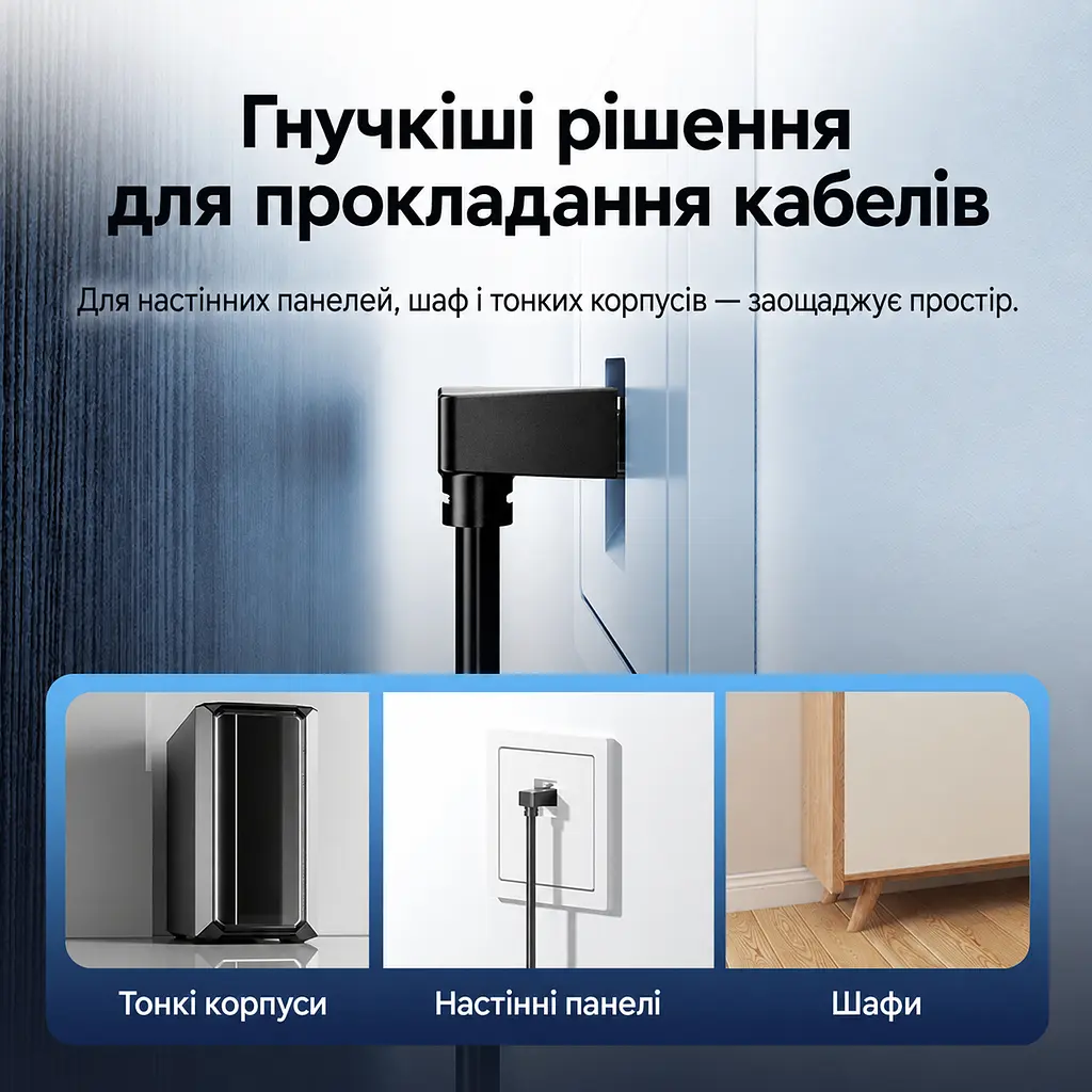Мережевий кабель Ethernet Vention 1 м патч-корд RJ45 прямий штекер і кутовий штекер 90° вниз Cat.6 до 1000 Мбіт/с UTP чорний (IBWBF) - фото 11