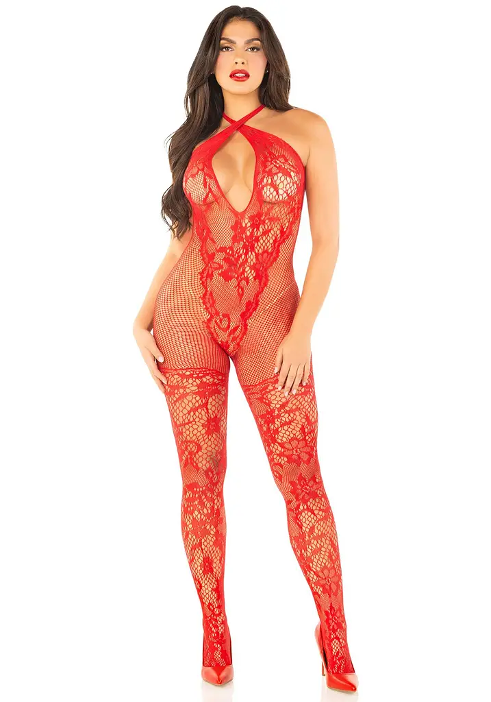 Бодістокінг з глибоким декольте Leg Avenue Seamless Net and Lace Lingerie Jumpsuit One Size, Red - фото 2