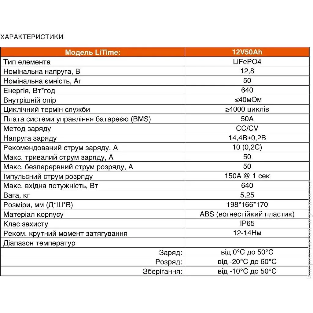 Акумулятор Li Time LiFePO4 12V (12.8V/50Ah/640Wh) (L12V50-BASIC-4-A38) - фото 3