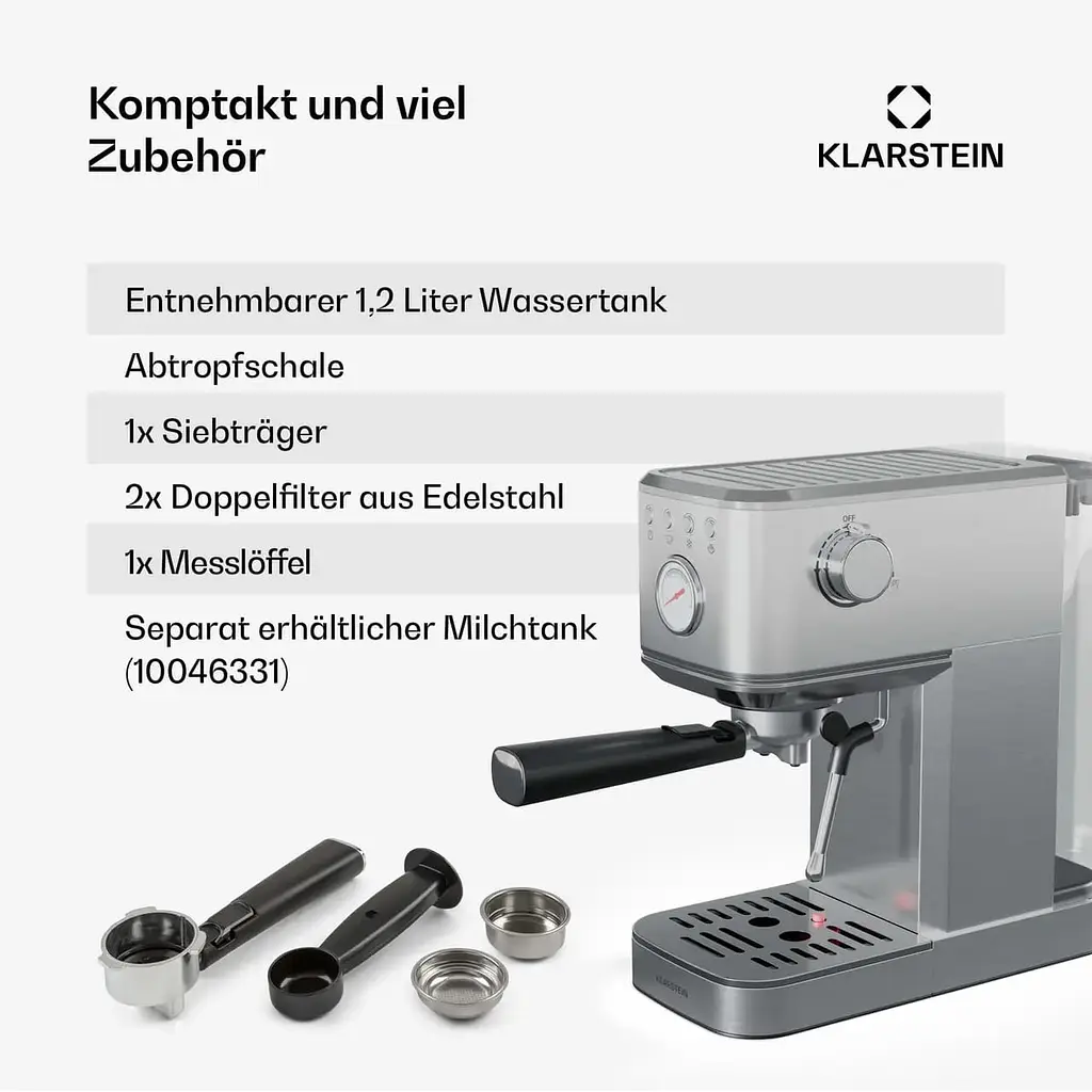 Кофеварка Klarstein SteelPresso Slim 1350 W 20 бар (10046327) - фото 2