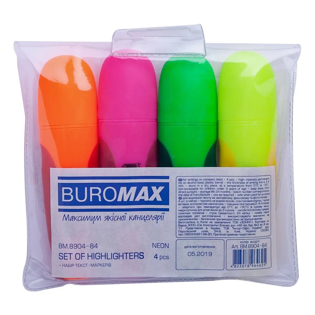 Набір маркерів Buromax highlighter pen, NEON, chisel tip, SET 4 colors (BM.8904-84) - фото 2
