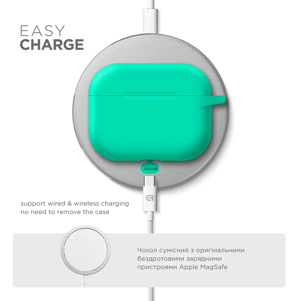 Силіконовий чохол для навушників Apple AirPods Pro 3, Hang Case, бірюзовий, ультратонкий захисний кейс товщиною 2 мм, захист від подряпин, пилу та ударів, компактний, з карабіном для кріплення, ArmorStandart (ARM88277) - фото 7