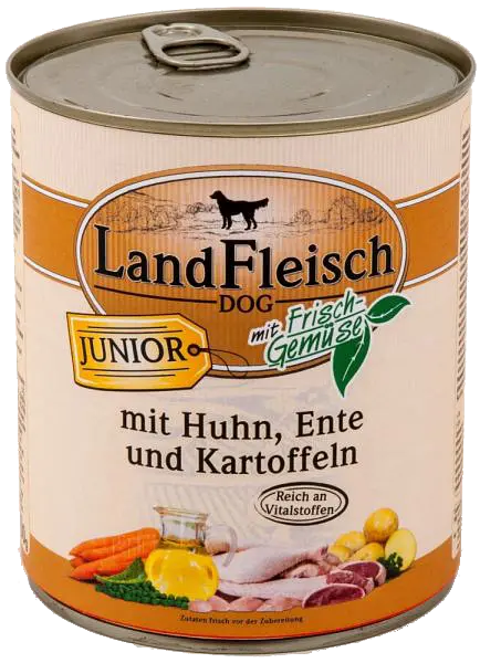 Консерви для цуценят LandFleisch Junior mit Huhn, Ente und Kartoffeln (курка, качка, картопля) 800 г