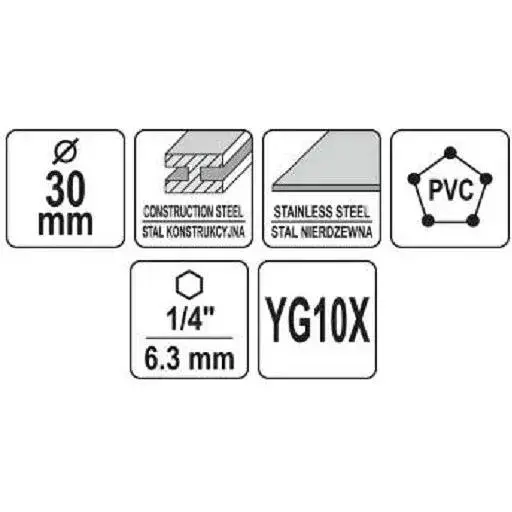 Сверло коронка по металлу TCT Yato Ø30x103 мм толщина до 25 мм с направляющим 6-гранный хвост 1/4 (YT-44058) - фото 3