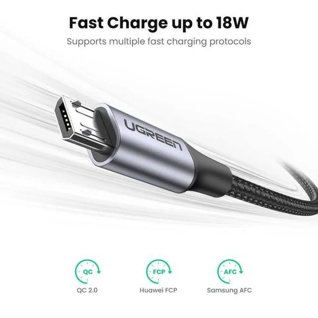 Кабель для передавання даних Ugreen US290 USB 2.0 AM to Micro 5P Aluminum Braid 1.0m Black (60146) - фото 2
